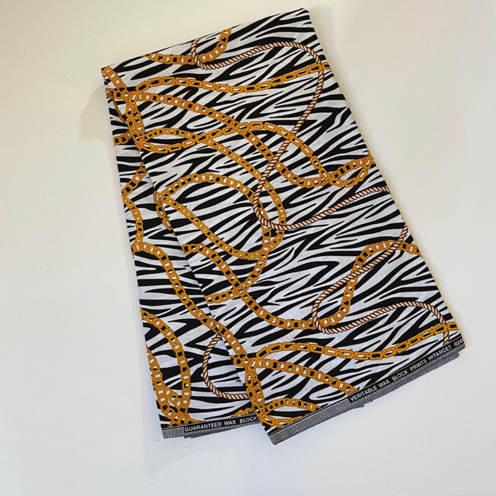 Zebra Print with Gold Chain Design Black and White Multicolor Cotton Fabric